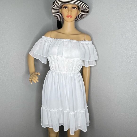 Hollister Off Shoulder Ruffled Flowy Boho Mini Dress White Size Medium - Picture 1 of 14